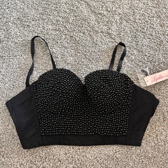 Lydia USA Black Beaded Push Up Bustier Bra Crop Top Size Large - Picture 2 of 6